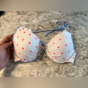 Victoria's Secret White Bikini Top Pink Star Print Blue Trim Flag 4th of July